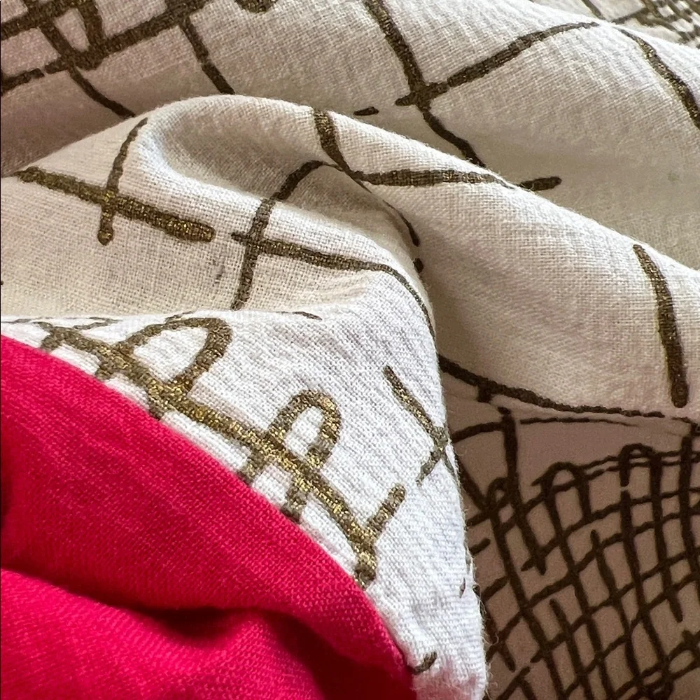 Vintage Tablecloth red 9” edge with cream & soft faded metallic insert